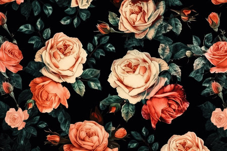 Vintage floral painting with roses and leaves on black background.の素材