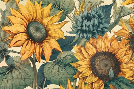 Sunflower art pattern. Vintage background with sunflowers. Hand drawn illustration.の素材