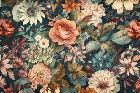 Vintage floral fabric background with flowers and leaves, retro tonedの素材