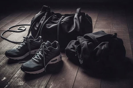 Black sport shoes and black bag on a wooden floor. Toned.の素材