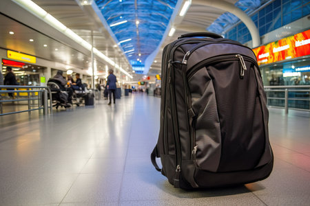 Black travel bag in the terminal of the airport, waiting for boardingの素材