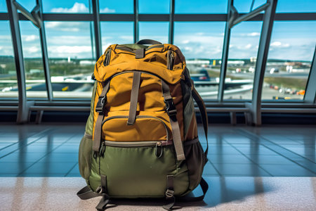 traveler backpack in the airport, travel and tourism concept, copy spaceの素材
