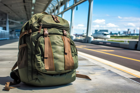 Hiking backpack on the platform of the airport. Traveling conceptの素材