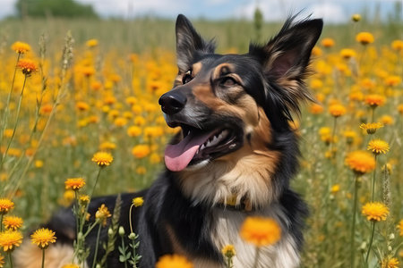 Portrait of a happy dog on a background of yellow flowers.の素材