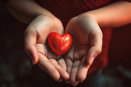 Red heart in the hands of a girl on a dark background.の素材