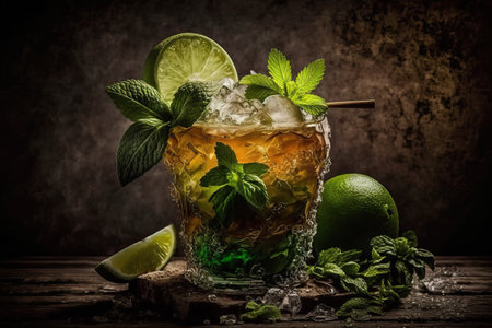 Mojito cocktail with lime, mint and ice on wooden tableの素材