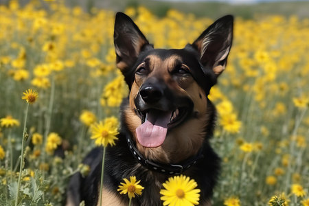 German shepherd dog in a field of yellow flowers with tongue sticking outの素材