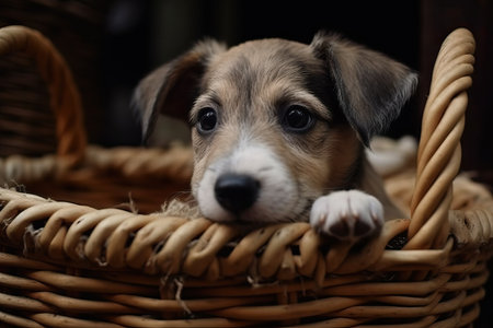 Portrait of a cute purebred puppy in a basket on a dark backgroundの素材