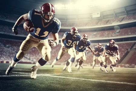 American football players in action against composite image of american football stadiumの素材
