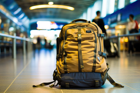 traveler backpack in the airport at rush hour, travel and tourism conceptの素材