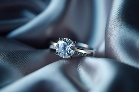 Wedding rings on blue satin background, close-upの素材