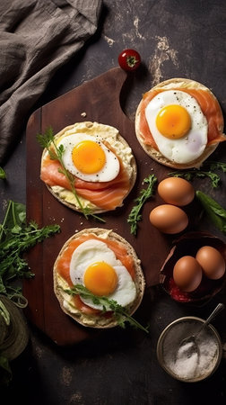Sandwiches with smoked salmon, eggs and arugula. Top viewの素材