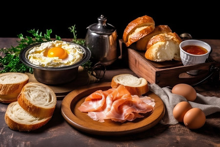 Breakfast with ham, eggs and bread on rustic background.の素材