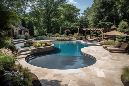 Swimming pool in the backyard of a luxury home with a deckの素材