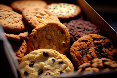 Close up of assorted cookies in a box. Selective focus.の素材
