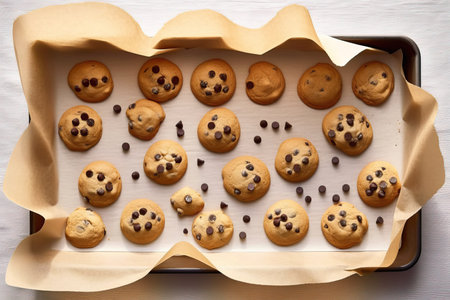 Chocolate chip cookies in baking tray on white wooden table, top viewの素材