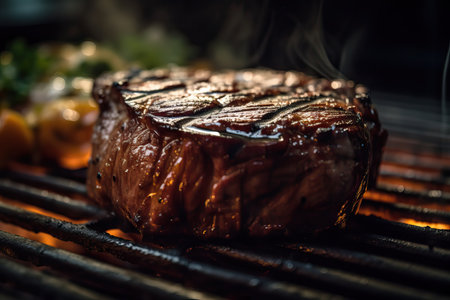 Beef steak on the grill with flames and smoke, close upの素材