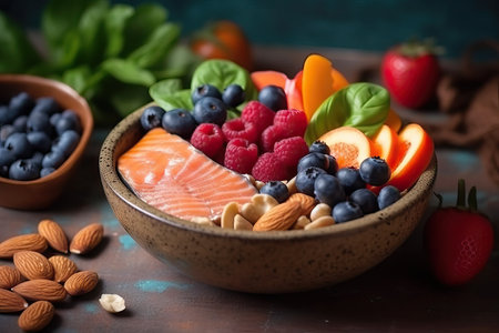 Healthy food background with salmon, berries, nuts and fruits.の素材