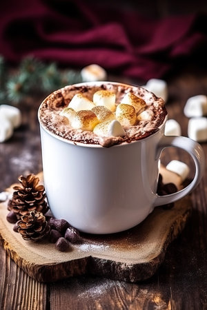 Hot chocolate with marshmallows in a cup on a wooden backgroundの素材