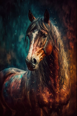 Beautiful horse with long mane in a dark forest. Digital painting.の素材