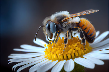 Bee on daisy flower. Close-up. Shallow depth of field.の素材