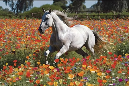 Beautiful white horse galloping in the meadow of poppiesの素材