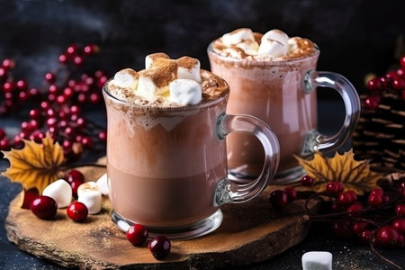Hot chocolate with marshmallow in a glass cup on a dark background.の素材