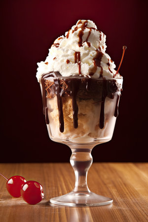 ice cream sundae with chocolate and cherry on a dark red backgroundの素材