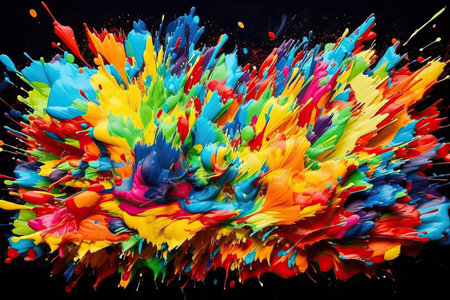 Colorful paint splashes isolated on black background. Abstract art.の素材