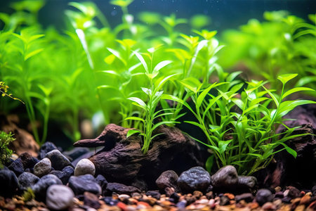 Beautiful green plants in the aquarium with blurred background and copy space.の素材