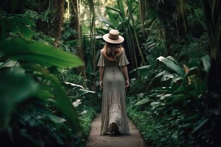 Beautiful girl in a long dress and hat walks through the jungle.の素材