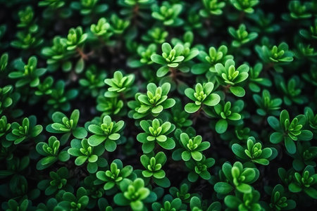 Green leaves background. Top view of small green leaves texture background.の素材