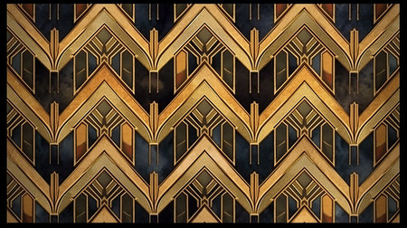 3D rendering of a wooden pattern on a black background with golden elementsの素材