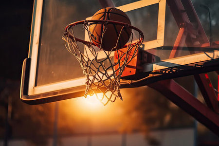 Basketball hoop with ball and net on basketball court at sunset.の素材
