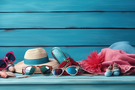 Straw hat, sunglasses and seashells on blue wooden backgroundの素材