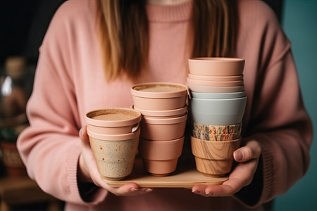 Woman holding wooden tray with different types of flower pots, closeupの素材