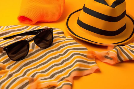 Summer hat, sunglasses and swimsuit on a bright orange background.の素材