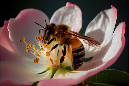 Honey bee pollinating a flower of a blooming apple treeの素材