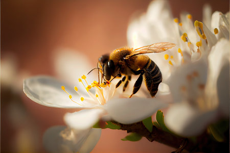 Honey bee on the flower of a blossoming apricotの素材