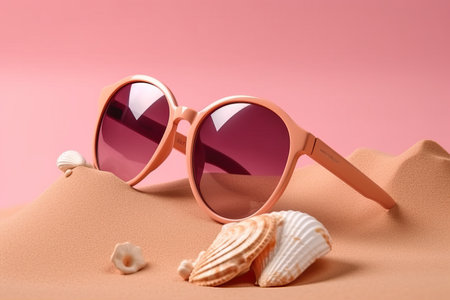 Sunglasses and seashells on sand, on color backgroundの素材