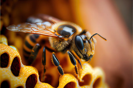 Macro shot of a bee on a honeycomb. Shallow depth of fieldの素材