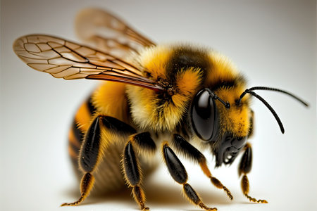 Bee isolated on white background. Macro image of a bee. Apis mellifera.の素材