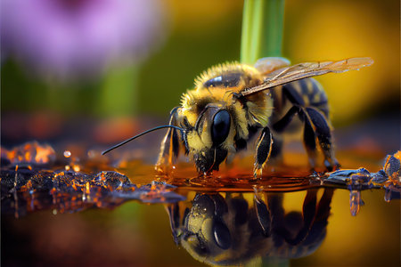 Close up of a bee on a flower with water droplets.の素材