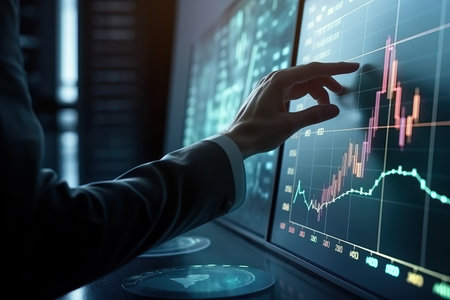 Close up of businessman touching virtual panel with forex chart. Mixed mediaの素材