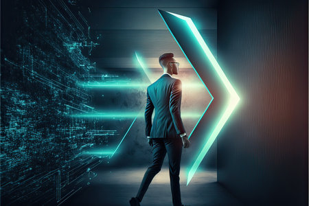 Businessman in futuristic interior with glowing neon arrow. 3D Renderingの素材