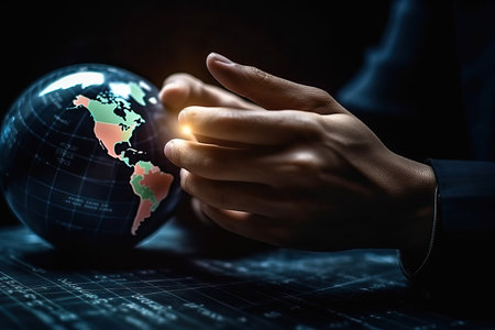 Close up of businessman hand touching with finger glowing earth globe.の素材