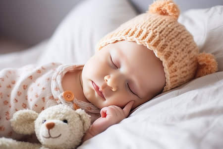 Cute newborn baby girl sleeping on a bed with teddy bearの素材