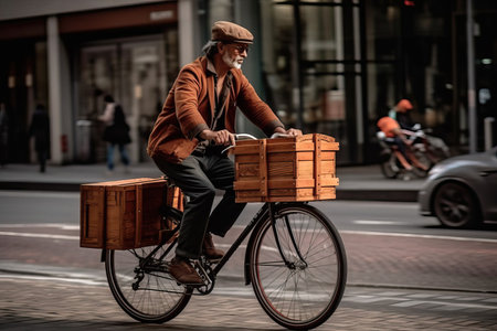 Elderly man riding a bicycle in the city. He is carrying a wooden box.の素材