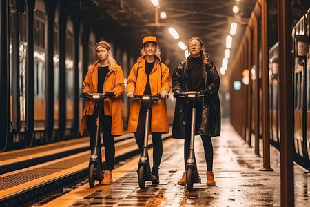 Two young women and a man with electric scooters are waiting for the train.の素材