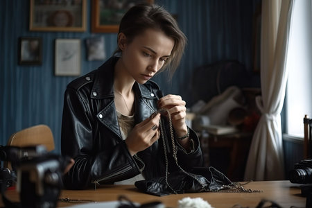 Fashionable young woman in leather jacket sitting at the table with handbagの素材
